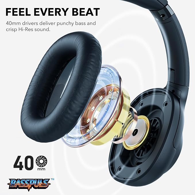 Bluetooth 6.0 Active Noise Cancelling Headphones for Airplane Travel, LDAC Hi-Res Audio, 90H Playtime Wired and Wireless ANC Headphones, Over Ear Headset for Home Office, Custom EQ via APP, Blue