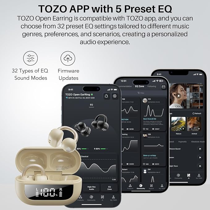 TOZO OpenEarRing True Open Ear Earbuds, Lightweight Comfort Open Ear Clip Wireless Earbuds, 40H Play Bluetooth 5.4 Headphones with Smart Digital Display Design Fit Sports Running, Workout Yellow