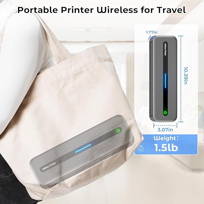 Wireless Inkless Thermal Printer, Bluetooth Mobile Printer for Phone & Laptop, Portable Travel Printer with 300 dpi, Supports US Letter Thermal Paper, Compatible with Mac/Windows