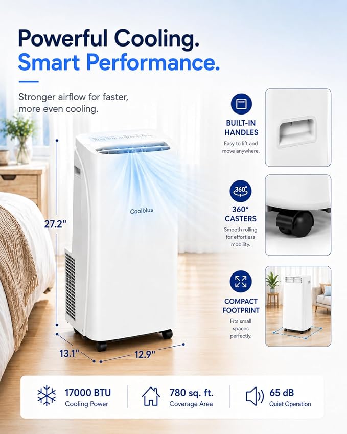 Coolblus Portable Air Conditioner 17000 BTU, WiFi Smart AC Unit for Rooms Up to 780 Sq.Ft, 3-in-1 Portable Air Conditioner with Cooling, Remote Control, Auto Swing, White-17000BTU-WIFI