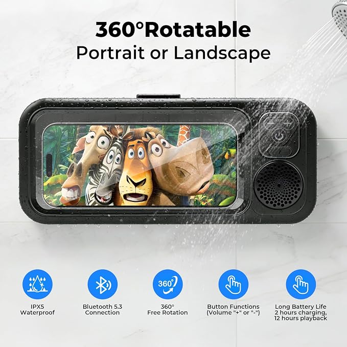 Waterproof Shower Phone Holder with Bluetooth Speaker Ipx5 360 Rotatable Suction Cup Wall Mount Universal for All Smartphones