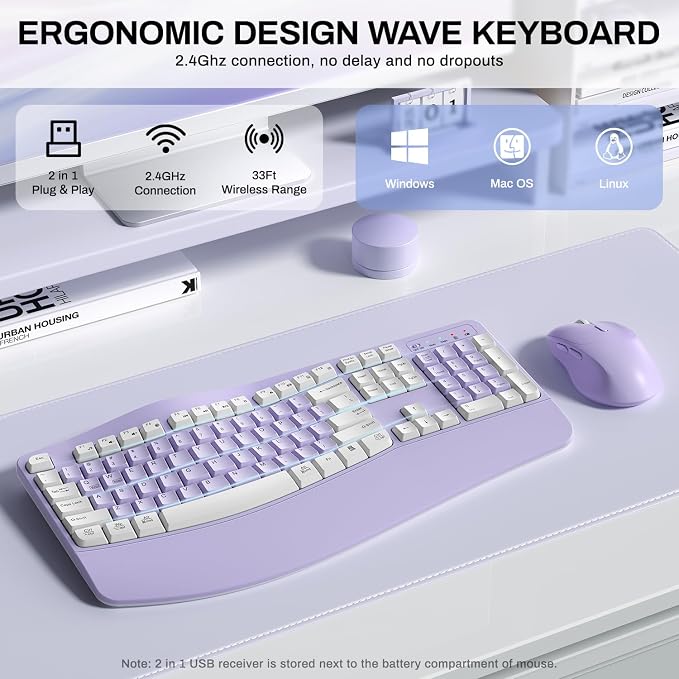 Wireless Keyboard and Mouse Combo,2.4G Full Size Wave Keys Ergonomic Keyboard with Wrist Rest for Natural Typing, 3 DPI Adjustable Ergonomic Mouse for Computer/Laptop/Windows/Mac (Purple & White-A)