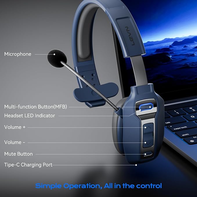 LEVN Bluetooth Headset with Microphone, Trucker Bluetooth Headset with AI Noise Cancelling & Mute Button, Wireless On-Ear Headphones 60 Hrs Working Time, for Trucker Home Office Remote Work Zoom