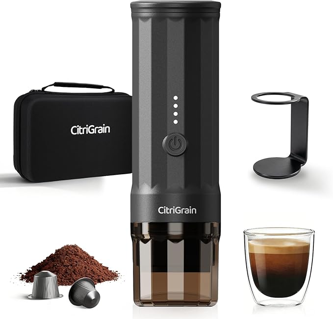 Portable Espresso Machine, Self-Heating Travel Coffee Maker with Fast Charging USB-C & Carrying Bag & Stand, for Ground Coffee & NS Capsules, for Camping, Hiking, RV, Office