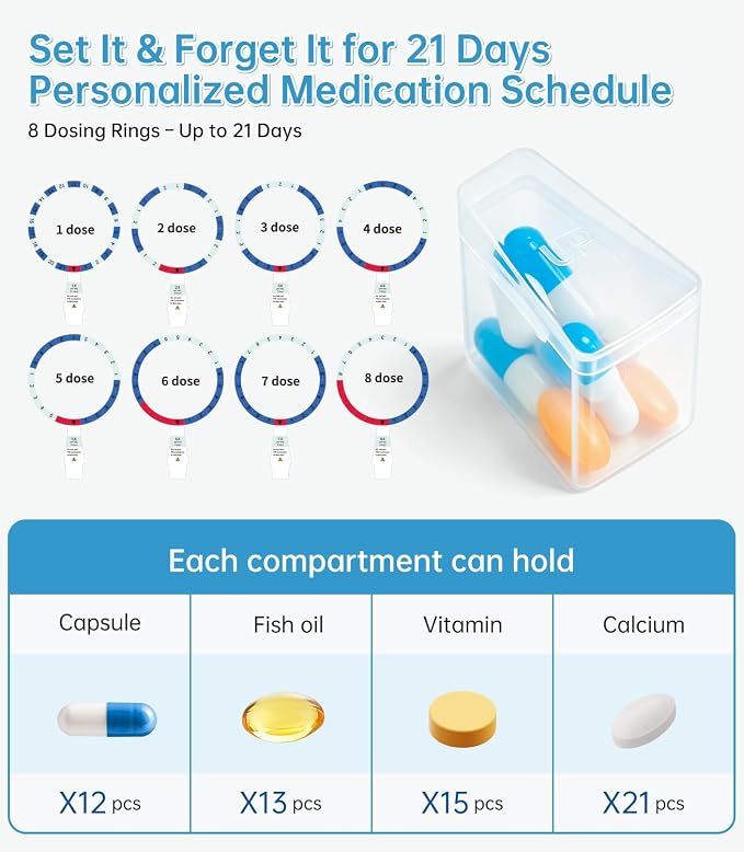 Wi-Fi Automatic Pill Dispenser Smart Medication Assistant for Seniors & Caregivers with 21 Individual Pods, Alarms & Sound Light Reminders, Remote Monitoring & Tracks Adherence History, Key Lock