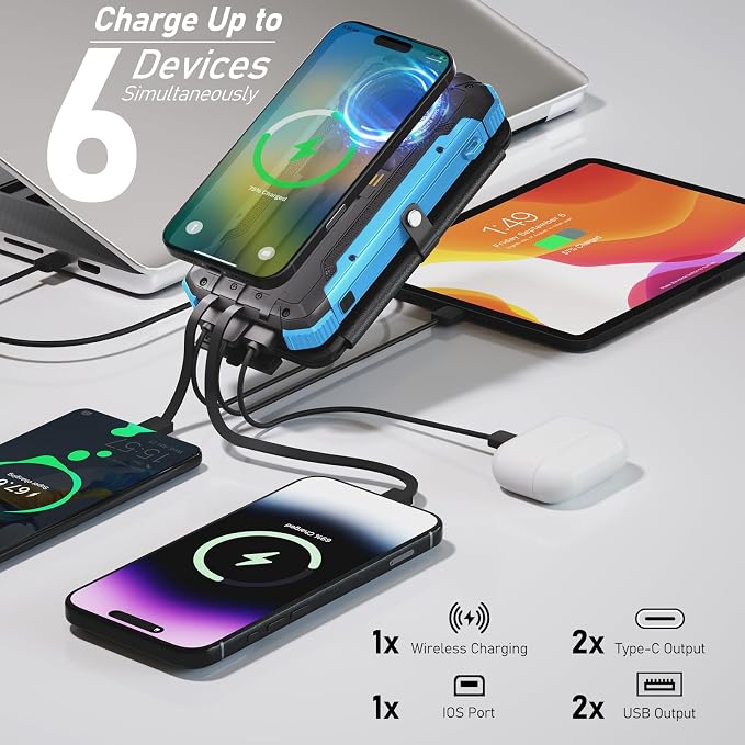 Solar Power Bank 49800mAh 22.5W QC3.0 Fast Charging Built in 4 Cables andNymzixt Solar Power Bank 20000mAh Portable Charger Built-in 3 Cables and Wireless Charging