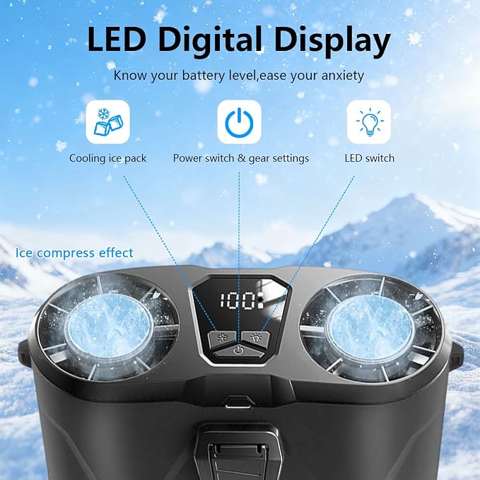Portable Waist Fan with 10 Speeds, 10000mAh Battery，With lighting function, used as a neck fan, a desktop fan, and a hanging portable fan，With a cooling system for ice compress