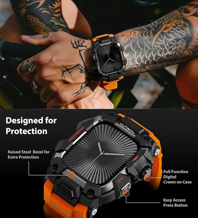 ULTIMAL Rugged Case with Band for Apple Watch 46mm,Compatible with Apple Watch Series 11/10, Military Grade Shockproof Bumper Cover for iWatch Tactical Band Men (Orange, 46mm)