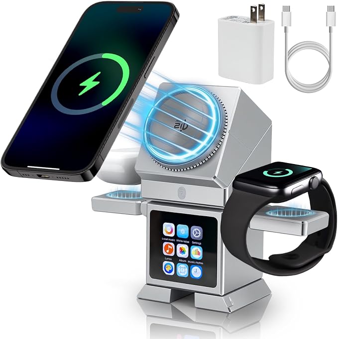 ModiTech 7 in 1 Wireless Charging Station for Apple - Qi2.2 Certified 25W Magnetic Magsafe Charger Stand for iPhone 17/16/15/14/13/12 - Apple Watch - Airpods Series, Silver with Adapter