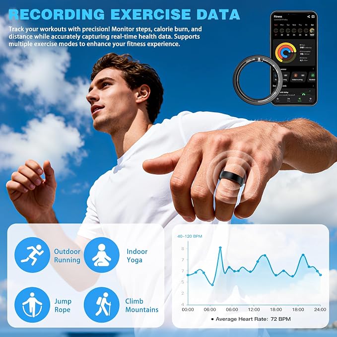Activity Tracker Ring for Men Women, Smart Ring with Sleep Heart Rate, Health Tracker,IP68 Waterproof, Compatible with iOS and Android (Black 14)