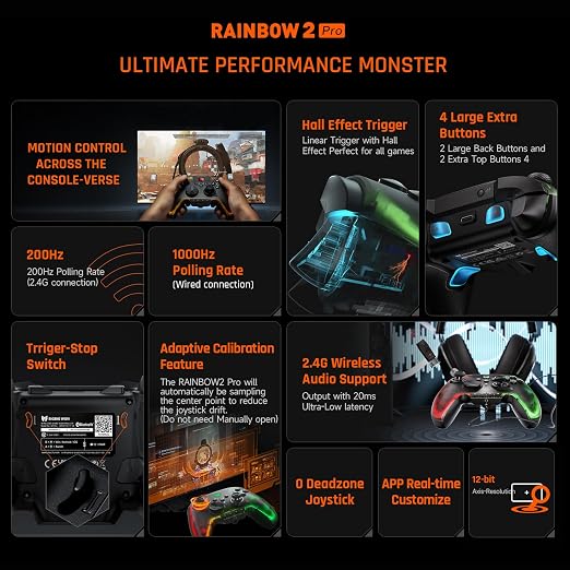 BIGBIG WON Wireless Controller, Rainbow 2 Pro PC Controllers Motion Aiming, Hall Triggers, ALPS Joystick, Custom Button, 3.5mm Audio Gaming Controller for PC Windows/Android/iOS/Switch Controllers