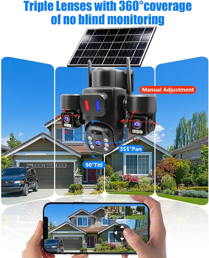 Triple-Lens Solar Security Camera Wireless for Outdoor Use | Triple-Lens Linkage PTZ 360º Coverage, Color Night Vision, PIR Motion Detection,Two-Way Audio, No Subscription Fee
