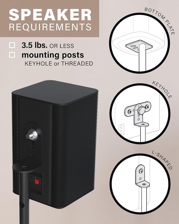 SANUS Speaker Stands Pair for Satellite & Bookshelf Speakers up to 3.5lbs – 10” Height Adjustment – Includes L-Shaped Bracket & Keyhole Adapter for Compatibility – Easy DIY Assembly
