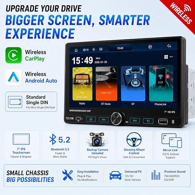 7" Single Din Car Stereo with Wireless Apple CarPlay,IPS Touchscreen,Bluetooth 5.2 Car Radio with Backup Camera,FM/AM/RDS,Android Auto,SWC,GPS Navigation,USB,Type-C Fast Charging,MIC