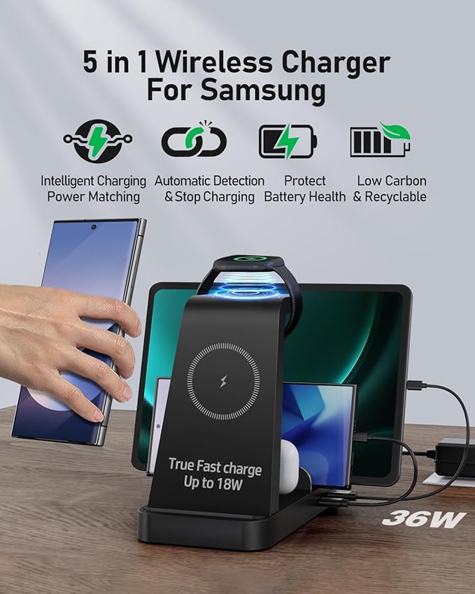 Wireless Charger for Samsung, 5 in 1 Android Charging Station for Galaxy S26 Ultra/S25/S24/S23/S22/S21, Galaxy Watch Ultra/8/7/6/5, Galaxy Buds 2/2 Pro, Multi Device Charger Stand, Black