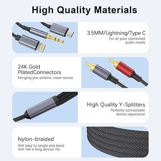 USB C 3.5mm to RCA Cable, Lightning to RCA Male to Aux Audio Adapter, HiFi Sound, Headphone Jack Adapter, 3 in 1 Audio Cable Connector for iPhone/iPad, Speaker, MP3, Tablet, HDTV 10FT