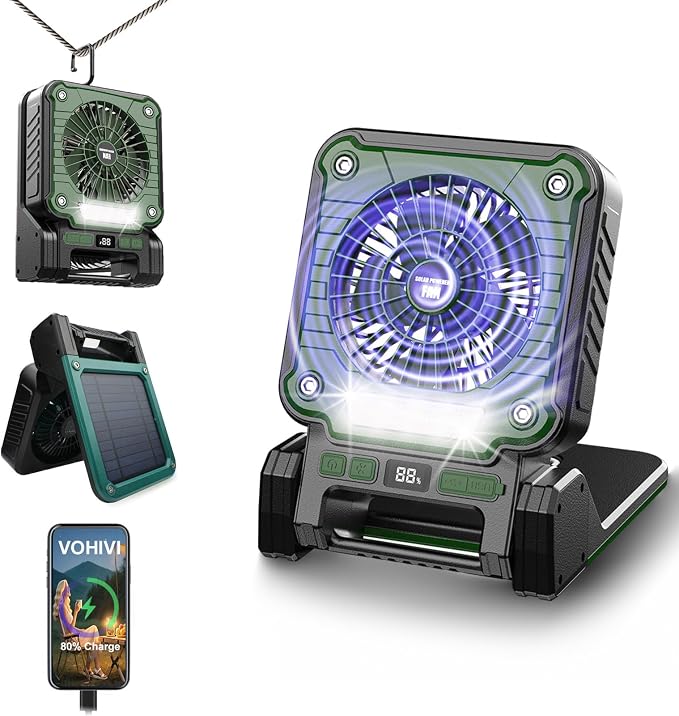 Solar Powered Rechargeable Fan with Light - 3 Speed Portable USB-C Hanger Camping Fan, Power Outage for Home and Kitchen Emergency, Outdoor Tent Fan for Picnic, BBQ and Travel