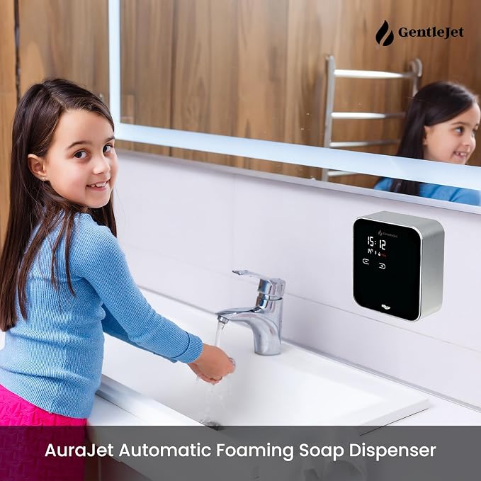 GentleJet AuraJet Automatic Foaming Soap Dispenser Wall Mount – Touchless Sensor, LED Display, 5 Foam Levels, Rechargable USB-C or Battery Powered, Aluminum Alloy, 480 ml Refillable