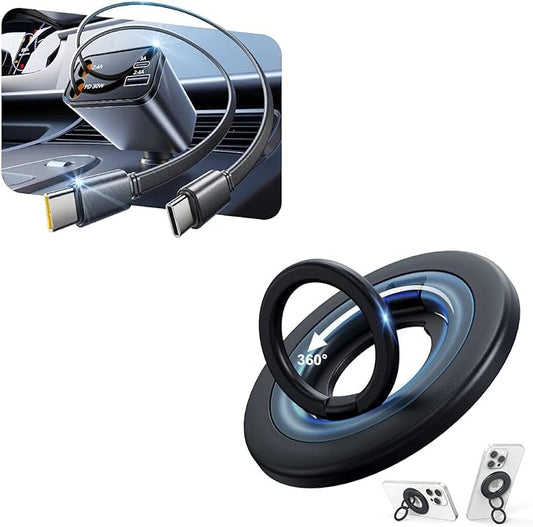 SUPERONE 4 in 1 Retractable Car Charger & MagSafe Phone Ring Holder Grip