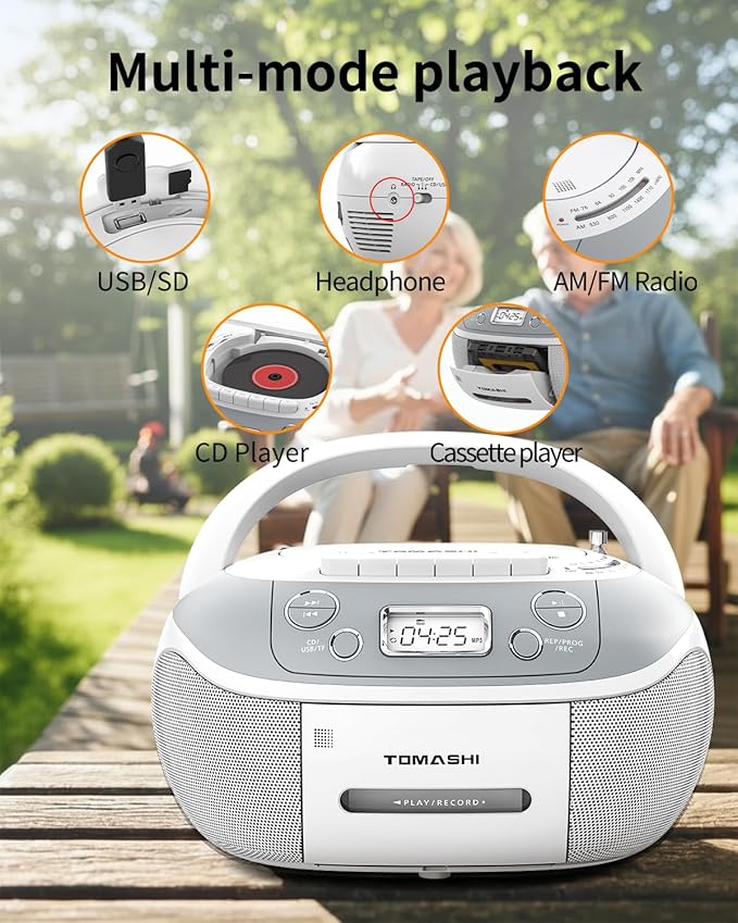 TOMASHI Portable CD Player Boombox with Cassette Player - AM FM Radio,Tape/CD Recording, USB/SD Inputs,Retro Stereo Sound,Dual AC/DC Power,Remote & Backlit LCD - for Home, Camping,Gifts (CD-860A)