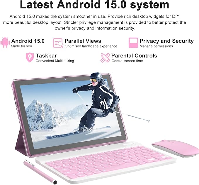 Android 15 Tablet 10 Inch, 12(3+9) GB RAM+64GB ROM, 2 in 1 Tablets with Keyboard Case Mouse Stylus, 1.8GHz Five-core Processor, 1280 * 800 IPS HD Screen, 5G WiFi6 BT 5.3 Tableta PC(Pink)