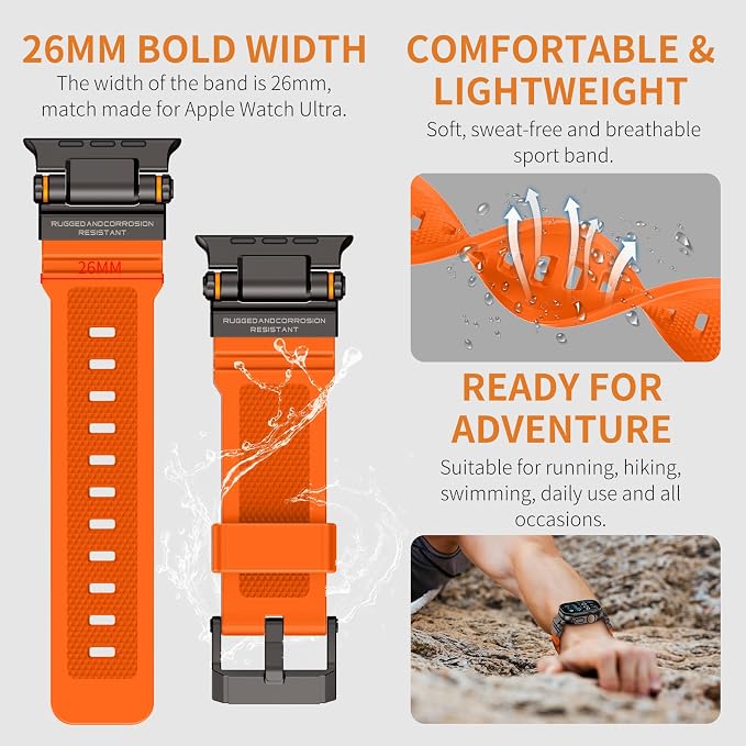 FOAMUNOC Rugged Band Compatible with Apple Watch Ultra 3/2/1 Band 49mm/46mm/45mm/44mm/42mm, Metal Connector with Silicone Strap for iWatch Ultra Series 11/10/9/8/7/6/SE3/SE2/SE/5/4/3/2/1, Orange/Black