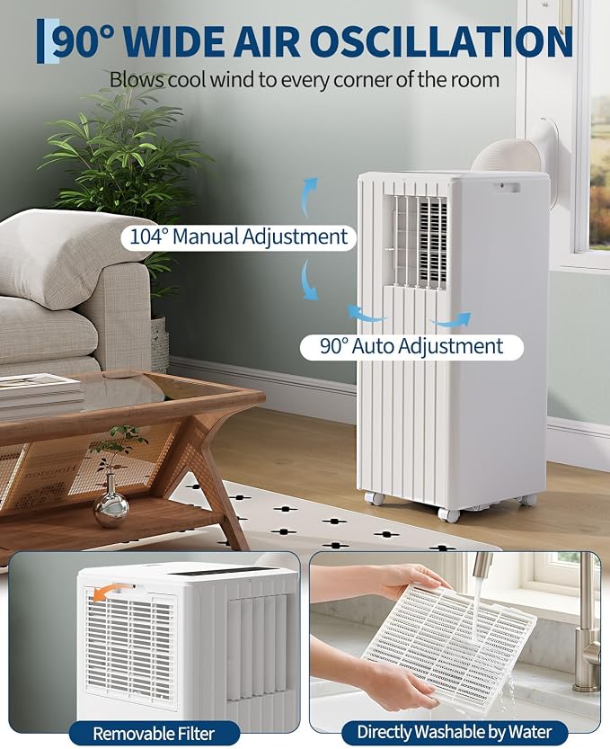 Portable Air Conditioner 8,000 BTU, 3-in-1 AC Unit (Cool, Fan, Dehumidify) for Rooms up to 350 Sq.Ft., Portable AC with Remote Control, Sleep Mode & 24H Timer, Quiet Cooling Unit for Home, Dorm, RV