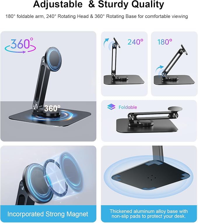 Adjustable Magnetic Stand Holder for 10-18.5 Inch Small Portable Monitor Tablet, Aluminum Alloy Foldable Arm Swivel Desk POS Stand Mount for iPad Air Mini Pro 12.9 13, Samsung Galaxy Tabs
