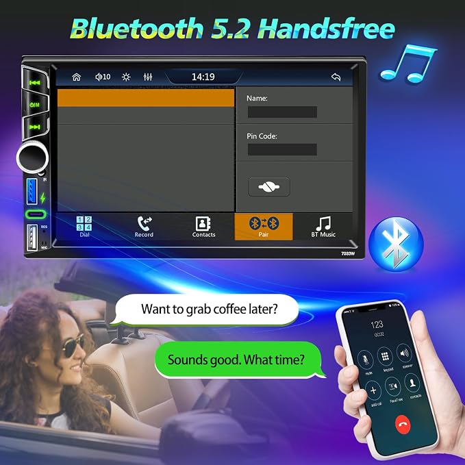 Wireless Double Din Car Stereo Apple CarPlay Android Auto,7" Touchscreen Car Radio Receivers, Bluetooth 5.2,FM AM Radio,Backup Camera,Physical Knob,SWC,Equalizer,Subwoofer,MirrorLink,USB/Type-C