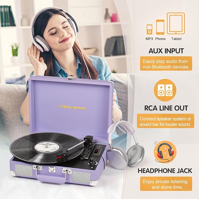 Vinyl Record Player with Built-in Speakers Vintage 3-Speed Portable Suitcase Bluetooth Turntables with USB Recording Belt-Driven LP Player Support AUX/RCA/Headphone Jack, Purple Leather