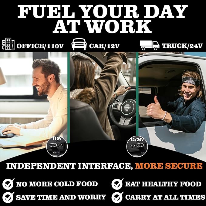 Buddew Electric Heated Lunch Box, 80W Fast Heating, 1.5L Food-Grade 304 Stainless Steel, 12V/24V/110V Portable Food Warmer for Car Truck Office Adults, Lonchera Electrica Portatil (Gray+Black)