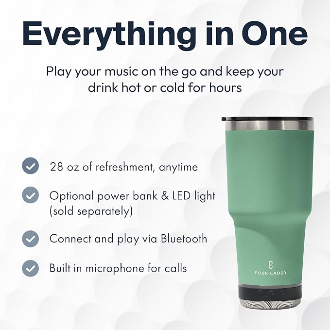 Vibe 28 oz Tumbler with Bluetooth Speaker, Insulated Stainless Steel Travel Cup with Lid, Hot & Cold Drink Beverage Container, Removable Speaker with Microphone, Rubber Base, Seafoam