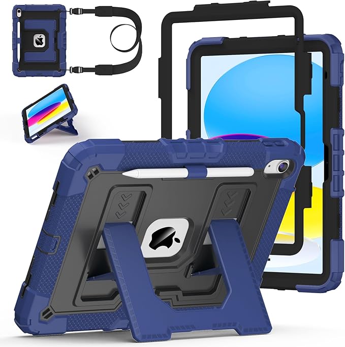 Case for iPad A16 11th/10th Generation 11/10.9 Inch 2025/2022, Ubearkk for iPad a16 case Military Grade Fully-Body Rugged Shockproof Cases with Large Kickstand Pen Holder Shoulder Strap, Navy Black