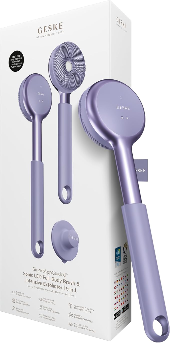 GESKE LED Sonic Full-Body Brush | 9 in 1 | Body Cleansing Brush & Intensive Exfoliator with LED | with SmartSonic Pulsations | Expert Deep Cleansing & Massage | Rough Skin Remover | Adjustable Handle
