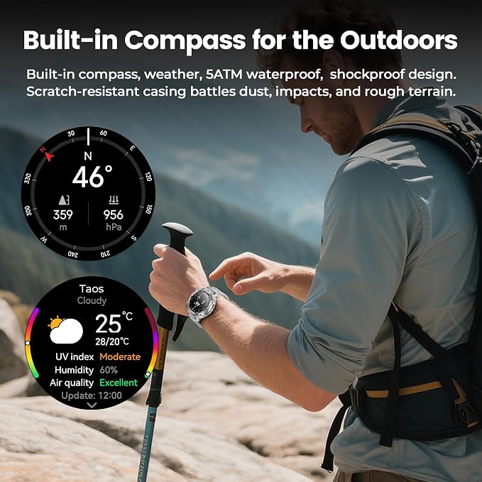 WalkerFit Silver Smart Watch for Men, Stainless Steel Band, 1.43" AMOLED Round Smartwatch, 5ATM Waterproof for Swim Run Hike Cycle, 170+ Sports Modes, Heart Rate SpO2, Sport Watch for iPhone Android