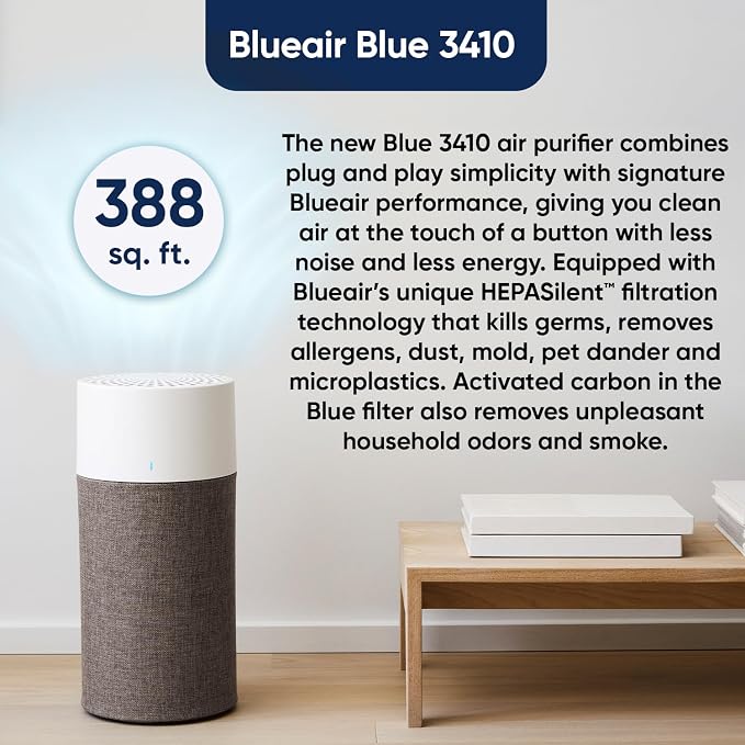 BLUEAIR Bedroom Air Purifier, Air Cleaner Dust Pet Dander Smoke Mold Pollen Bacteria Virus Allergen, Odor Removal, for Home Office Kitchen, Washable Pre Filter, HEPASilent, Medium Room, Blue 311 Auto