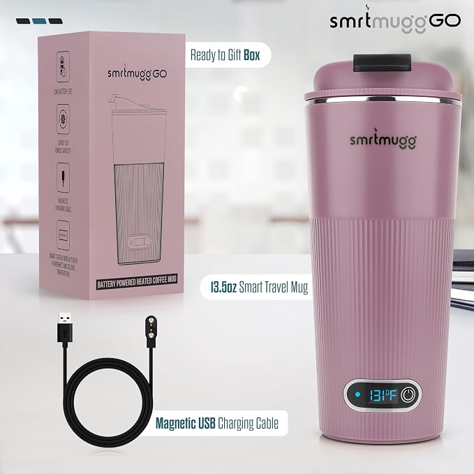 SmrtMugg GO Heated Coffee Mug, Travel Mug, 13.5 OZ. Smart Mug, Battery Powered Heated Coffee Mug, Great for Coffee and Tea, Snap on Magnetic Charging Cord, Adjustable Temperature (Lilac)