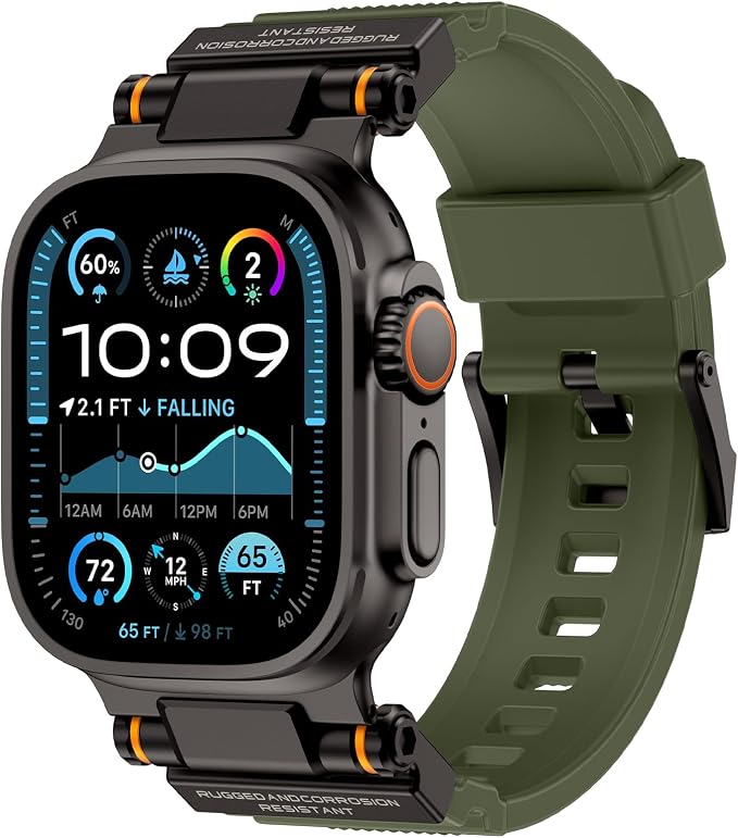 FOAMUNOC Rugged Band Compatible with Apple Watch Ultra 3/2/1 Band 49mm/46mm/45mm/44mm/42mm, Metal Connector with Strap for iWatch Ultra Series 11/10/9/8/7/6/SE3/SE2/SE/5/4/3/2/1, Army Green/Black
