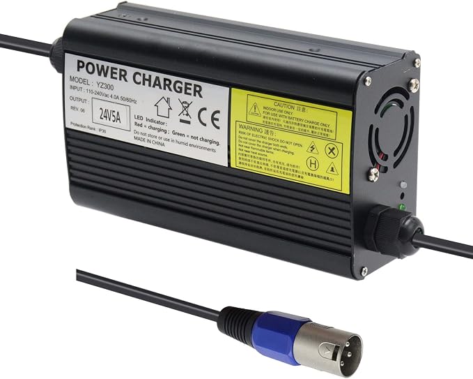 24V 5A Battery Charger with 3-Pin XLR Connector for Pride, Jazzy, Drive Medical, Golden Technologies, Shoprider, Rascal 200T/500T/301 PC/314/318 PC/320 PC/326/326A