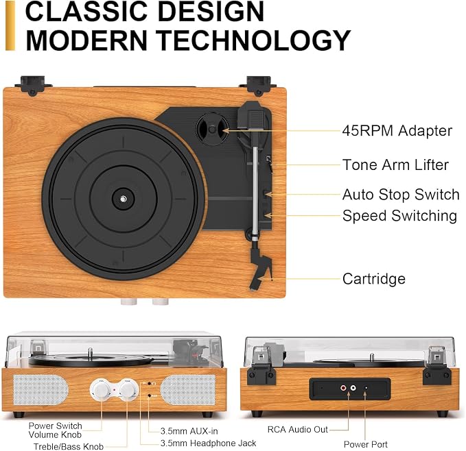 Vinyl Record Player with Built-in Speakers 3-Speed Vintage Record Player Support Treble& Bass Control, 3.5mm Headphone Jack, RCA-Out/Aux in, Belt-Driven LP Turntable,Natural Wood