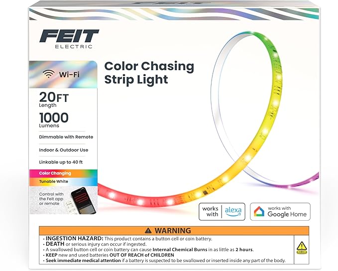 Feit Electric 20FT Smart LED Strip Light, Chasing RGB + Tunable White, App & Remote Control, Alexa & Google Home Compatible, Linkable & Cuttable Tape Light, TAPE20/CHASE/AG