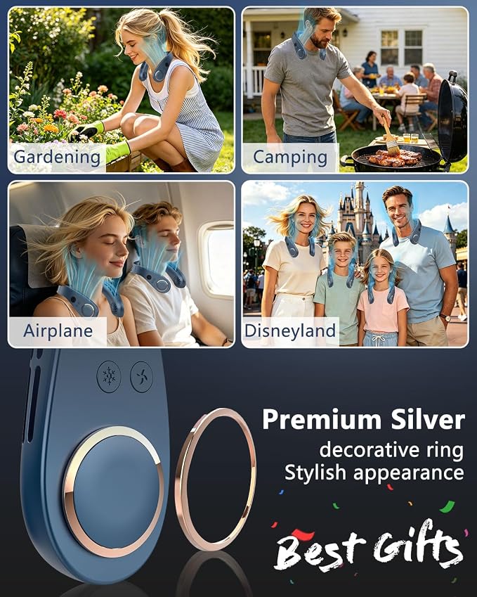Neck Fan with Cooling Plate,5500mAh Rechargeable, Ultra Quiet Operation, 5 Speeds & 3 Cooling Modes, USB-C Fast Charging, LED Display Battery & Gear, Bladeless Fans that Blow Cold Air for Travel Blue
