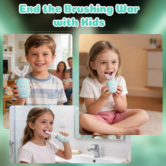 Kids U Shaped Electric Toothbrush for Age 2-12, Rechargeable Toddler Toothbrush with Smart Timer & 3 Clean Modes, Cat's Claw Design, IPX7 Waterproof, 3 Brush Heads & 360°Cleaning