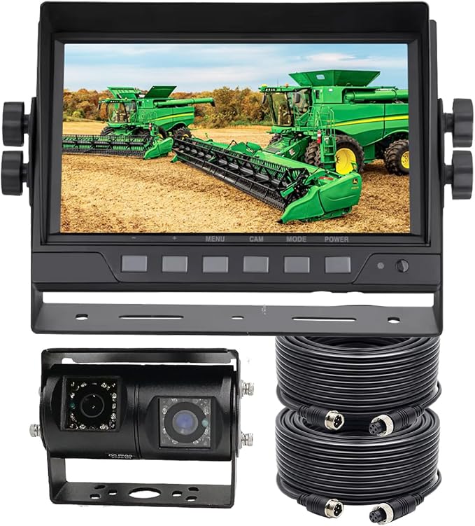 AHD 1080P 7" Reverse Rear View Backup Dual Twin Lens Camera System, Point Each Lens in a Different Direction, IR, Waterproof, 10G Vibration-proof for Tractor/Truck/Camper/Caravan/Skid Steer/Harvester
