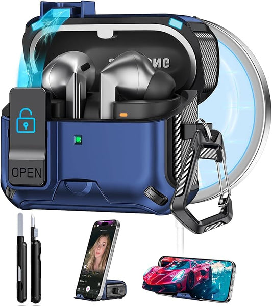 Case for Samsung Galaxy Buds3 FE (2025)/Buds3 Pro & Galaxy Buds 3 (2024), Auto-Open, Phone Stand & Secure Lock Design, Compatible with MagSafe, Shockproof Hard Case Cover with Cleaning Kit & Keychain