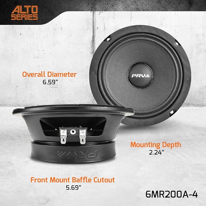 PRV AUDIO 6.5 Midrange Speakers Pair 6MR200A-4, 200 Watts, 4 Ohm Shallow Mount Car Audio Slim Speaker, 1.5 in Voice Coil, Compact for Doors (2 Speakers)