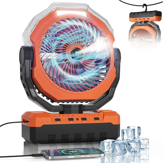 460ml Tank Portable Misting Fan,36000mAh Rechargeable Battery Powered Camping Fan with 4 Speeds,3 Timers,2 Light Modes,Jobsite Beach Summer Essentials,Mist Fan for Indoor Outdoor Patios Travel,Orange