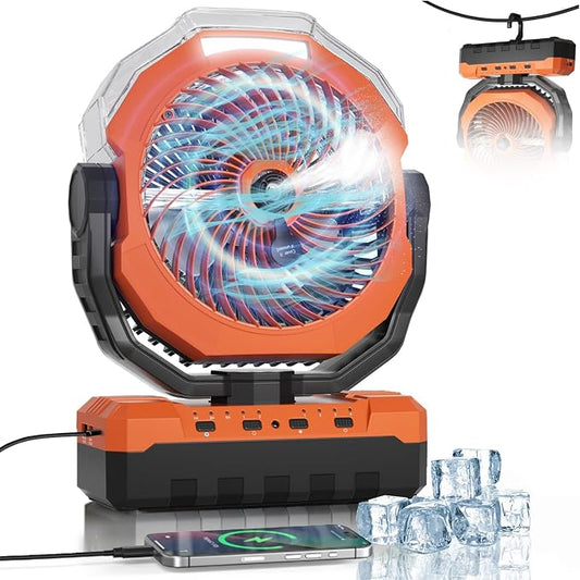 460ml Tank Portable Misting Fan,36000mAh Rechargeable Battery Powered Camping Fan with 4 Speeds,3 Timers,2 Light Modes,Jobsite Beach Summer Essentials,Mist Fan for Indoor Outdoor Patios Travel,Orange