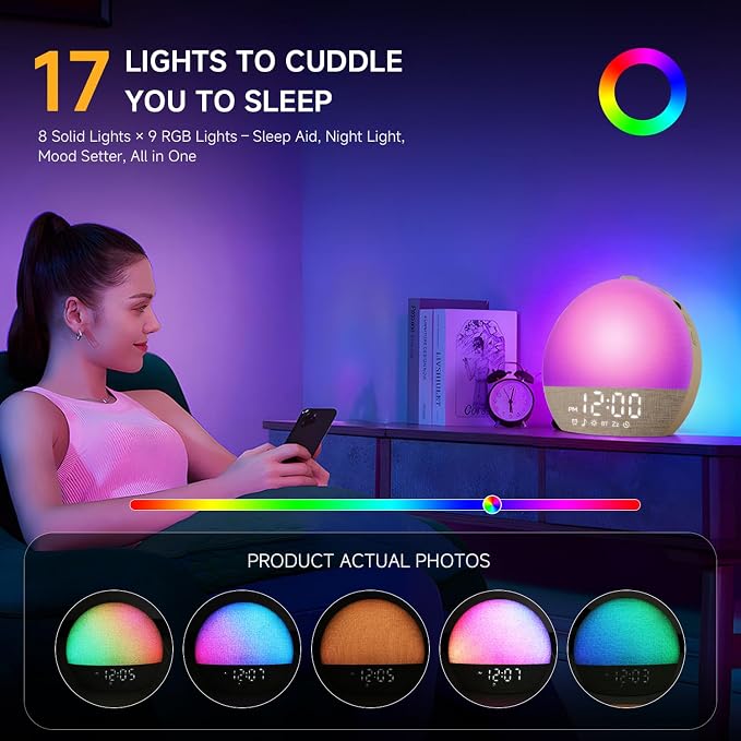 Geuuap Sunrise Alarm Clock White Noise Sound Machine for Bedroom | Natural Wake-Up Light with 30 Soothing Sleep Aids, Bluetooth Speaker, Dimmable Clock, Screen-Free Design for Baby Adults Kids-Khaki