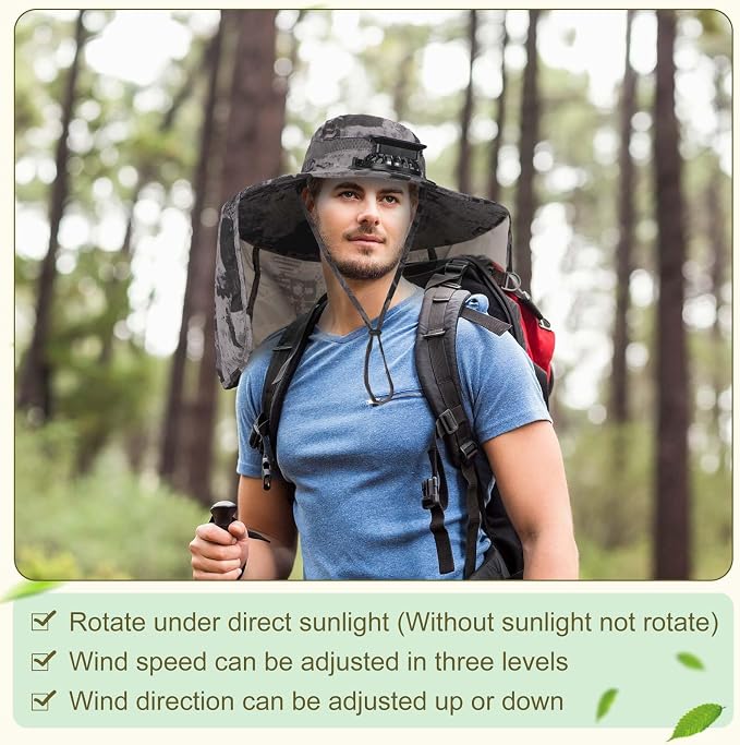 Maiteenly 2 Pcs Solar Fan Hat for Men with Neck Flap Bucket Fan Buit in Hats for Hiking Fishing Outdoor USB and Solar Powered